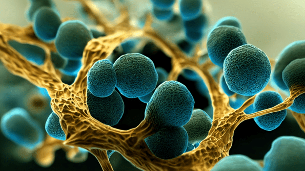 Wound Fungal Close-up of spherical blue bacteria clusters.
