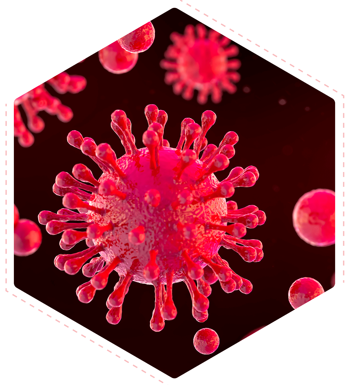 Close-up of a red virus particle under a microscope.
